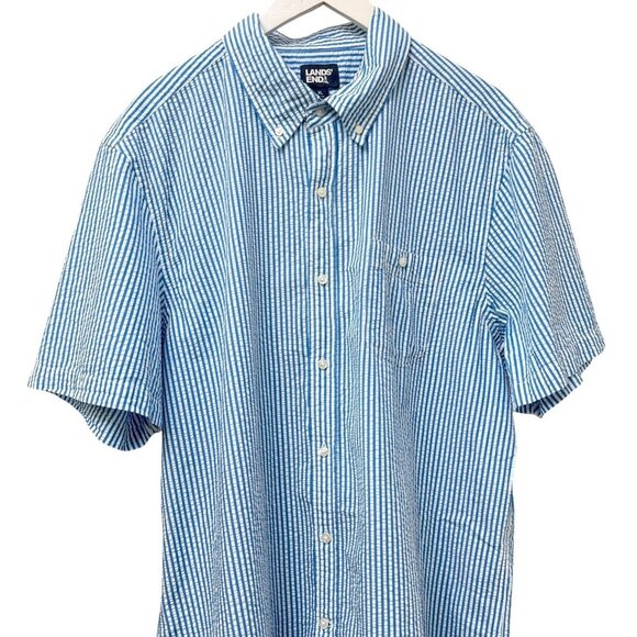 LANDS END Mens Seersucker Shirt XL Short Sleeve Cotton Blue Stripe Preppy Casual - Picture 2 of 9
